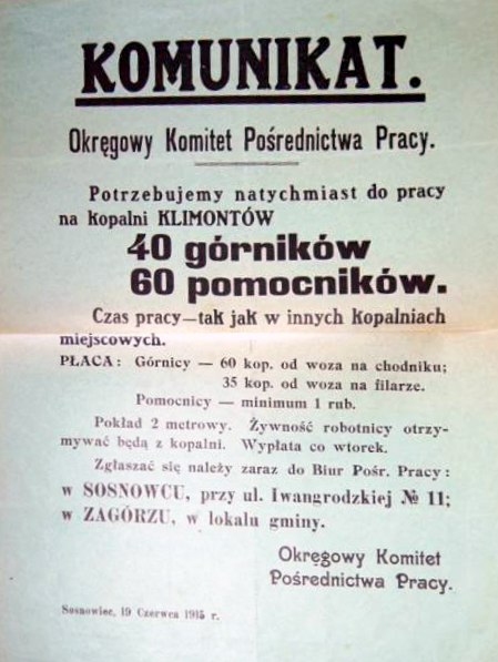 Plik:Komunikat o pracy dla górników 1915 r Sosnowiec.jpg
