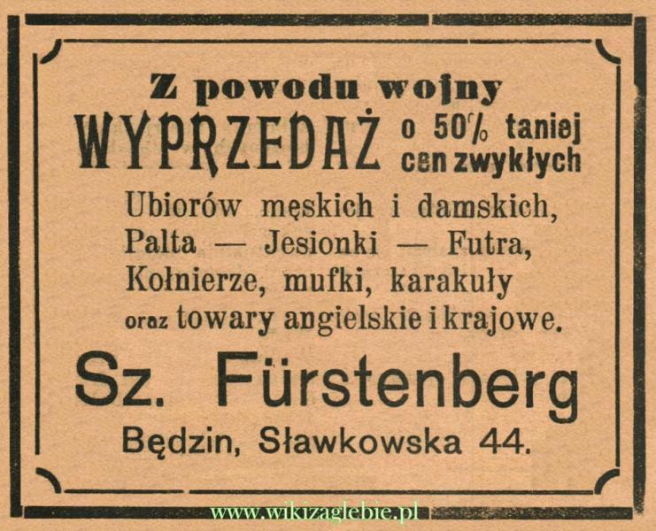 Plik:Reklama 1914(2) Będzin Skład Ubrań Sz. Furstenberg 01.JPG