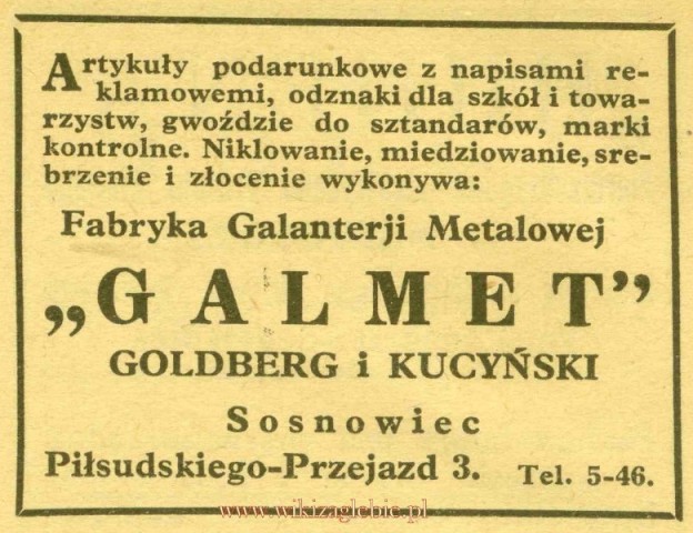 Plik:Reklama 1931 Sosnowiec Fabryka Galanterii Metalowej Galmet 01.jpg