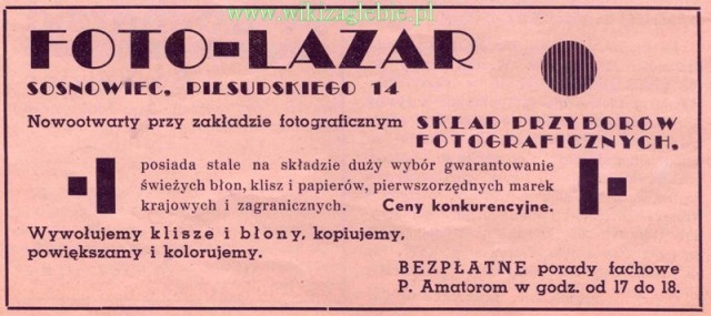 Plik:Reklama 1939 Sosnowiec Skład Przyborów Fotograficznych Foto-Lazar 01.jpg