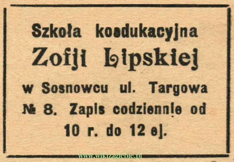Plik:Reklama 1914(2) Sosnowiec Szkoła Koedukacyjna Zofia Lipska 01.JPG