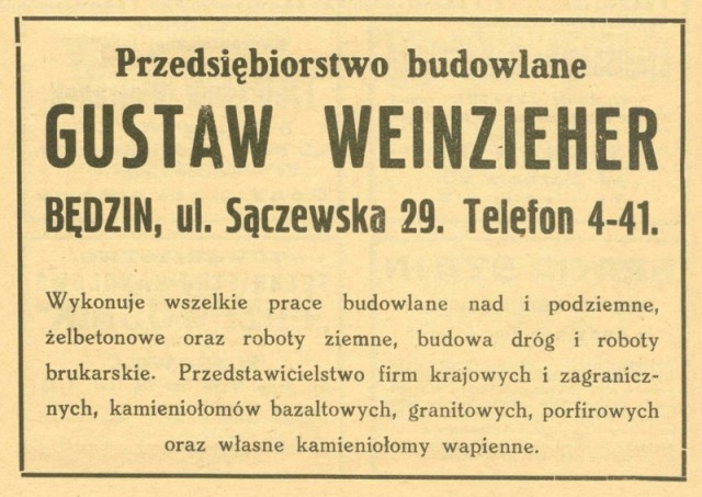 Plik:Reklama 1931 Będzin Przedsiębiorstwo Budowlane Gustaw Weinzieher 01.jpg