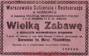 Reklama 1928 Sosnowiec Cukiernia Warszawska i Restauracja 01.jpg