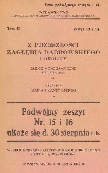 Plik:Z przeszłości Zagłębia Dąbrowskiego i okolicy - Szkice monograficzne z ilustracjami - Tom 2 - nr 13-14.jpg