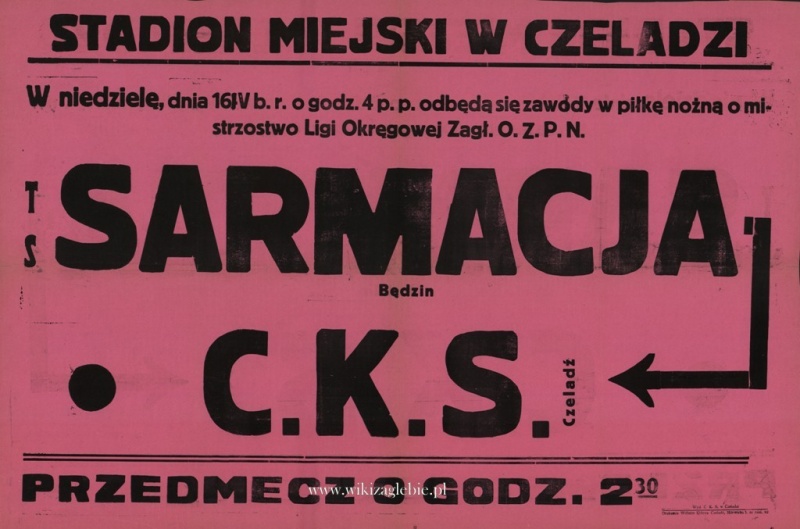 Plik:Plakat na mecz piłki nożnej Sarmacja Będzin CKS Czeladź sprzed 1939.jpg