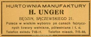 Reklama 1938 Będzin Hurtownia Manufaktury H. Unger 01.jpg