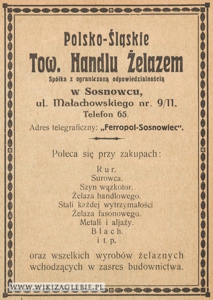 Plik:Reklama-1922-Sosnowiec-Polsko-Śląskie-Towarzystwo-Handlu-Żelazem.jpg
