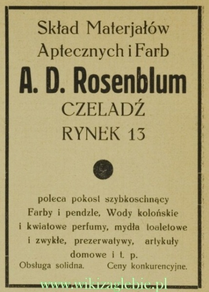 Plik:Reklama 1934 Czeladź Skład Materiałów Aptecznych i Farb Rosenblum 01.jpg
