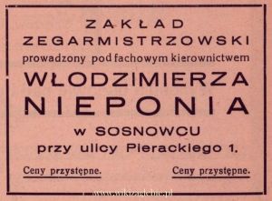 Reklama 1938 Sosnowiec Zakład Zegarmistrzowski Włodzimierz Niepoń 01.jpg