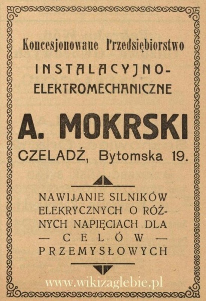 Plik:Reklama 1938 Czeladź Koncesjonowane Przedsiebiorstwo Instalacyjno-Elektromechaniczne A. Mokrski 01.jpg