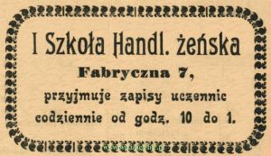 Reklama 1914(2) Sosnowiec Pierwsza Szkoła Handlowa Żeńska 01.JPG