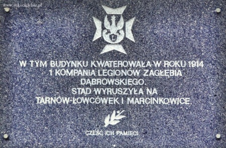 Sosnowiec Miejsce Pamięci 039 Tablica upamiętniająca miejsce kwaterowania I Kompanii Legionów Zagłębia Dąbrowskiego 01.JPG