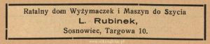 Reklama 1938 Sosnowiec Ratalny Dom Wyżymaczek i Maszyn do Szycia L. Rubinek 01.jpg
