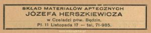 Reklama 1938 Czeladź Skład Materiałów Aptecznych Józef Hereszkiewicz 01.jpg