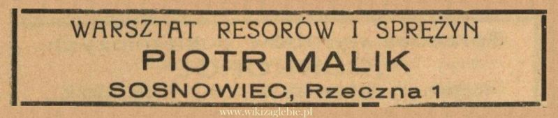 Plik:Reklama 1938 Sosnowiec Warsztat Resorów i Sprężyn Piotr Malik 01.jpg