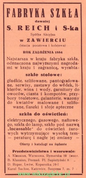 Reklama 1937 Zawiercie Fabryka Szkła d. S. Reich i S-ka 01.jpg