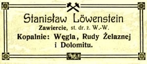 Stanisław Lowenstain Zawiercie kopalnie węgla, rud żelaza i dolomitu 1909.jpg