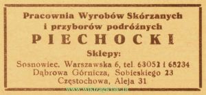 Reklama 1937 Dąbrowa Górnicza Pracownia Wyrobów Skórzanych i Przyborów Podróżnych Piechocki Sklep w Dąbrowie Górniczej 01.jpg