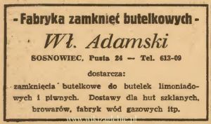 Reklama 1945 Sosnowiec Fabryka Zamknięć Butelkowych Wł. Adamski 01.JPG