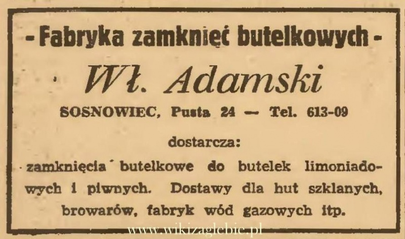 Plik:Reklama 1945 Sosnowiec Fabryka Zamknięć Butelkowych Wł. Adamski 01.JPG