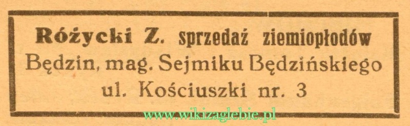Plik:Reklama 1937 Będzin Sprzedaż Ziemiopłodów Z. Różycki 01.jpg