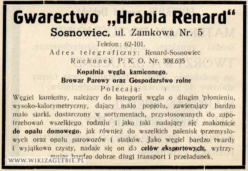 Plik:Reklama 1938 Sosnowiec Gwarectwo Hrabia Renard.jpg