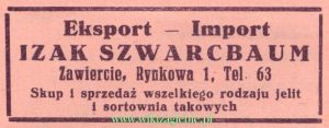 Reklama 1937 Zawiercie Eksport-Import Skup i Sprzedaż Wszelkiego Rodzaju Jelit Izak Szwarcbaum 01.jpg