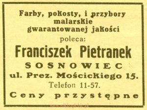 Reklama 1931 Sosnowiec Sklep Malarski Franciszek Pietranek 01.jpg