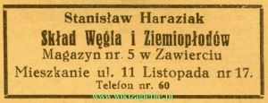 Reklama 1937 Zawiercie Skład Węgla i Ziemiopłodów Stanisław Haraziak 01.jpg
