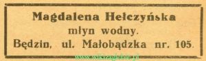 Reklama 1937 Będzin Młyn Wodny Magdalena Hełczyńska 01.jpg