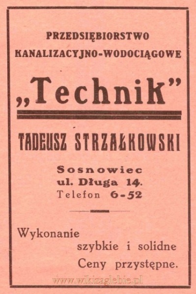 Plik:Reklama 1931 Sosnowiec Przedsiębiorstwo Kanalizacyjno-Wodociągowe Technik Tadeusz Strzałowski 01.jpg