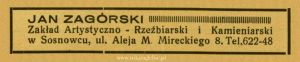 Reklama 1938 Sosnowiec Zakład Artystyczno-Rzeźbiarski i Kamieniarski Jan Zagórski 01.jpg