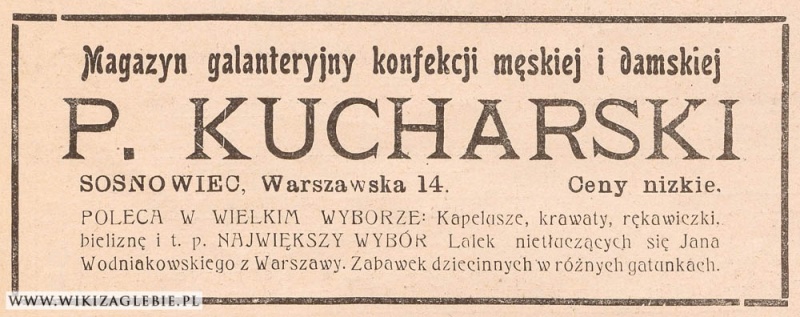 Plik:Reklama 1913 Sosnowiec Magazyn galanteryjny Kucharski.jpg