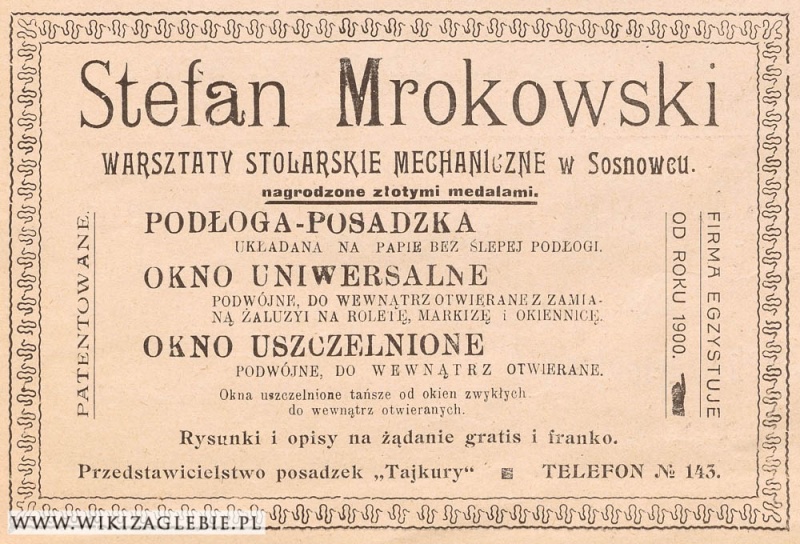Plik:Reklama 1913 Sosnowiec Warsztat stolarski Mrokowski.jpg