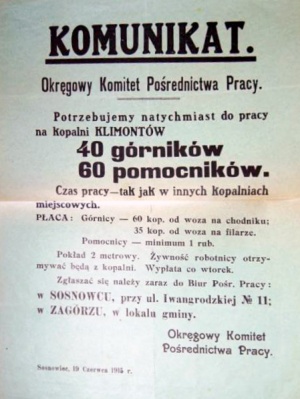 Komunikat o pracy dla górników 1915 r Sosnowiec.jpg