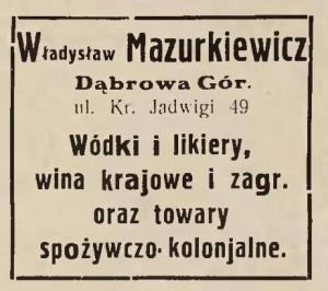 Dąbrowa Górnicza Sprzedaż Alkoholu i Towarów Kolonialnych Władysław Mazurkiewicz 1930 (01).JPG