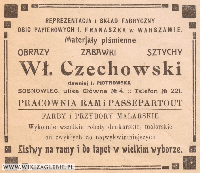 Plik:Reklama 1913 Sosnowiec Sklep Czechowski.jpg