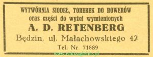 Reklama 1937 Będzin Wytwórnia Siodeł i Torebek do Rowerów A.D. Retenberg 01.jpg