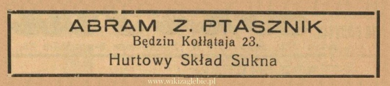 Plik:Reklama 1938 Będzin Hurtowy Skład Sukna Abram Z. Ptasznik 01.jpg