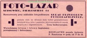 Reklama 1939 Sosnowiec Skład Przyborów Fotograficznych Foto-Lazar 01.jpg