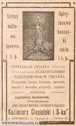 Reklama 1913 Sosnowiec Biuro instalacji oświetleń Ciesielski.jpg