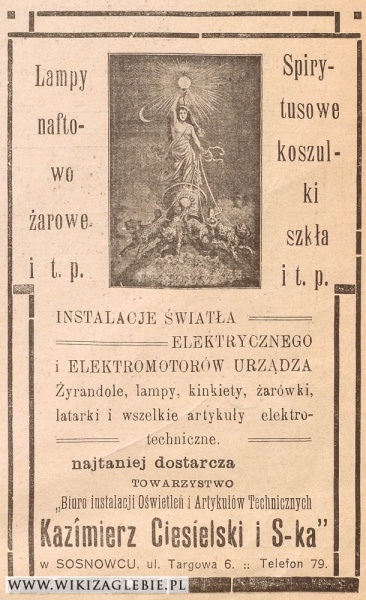 Plik:Reklama 1913 Sosnowiec Biuro instalacji oświetleń Ciesielski.jpg