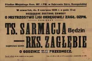 Plakat na mecz piłki nożnej Sarmacja Będzin Zagłębie Dąbrowa Górnicza sprzed 1939.jpg
