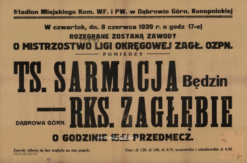 Plik:Plakat na mecz piłki nożnej Sarmacja Będzin Zagłębie Dąbrowa Górnicza sprzed 1939.jpg