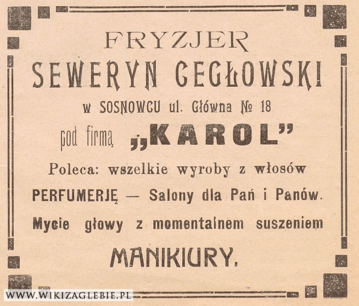 Plik:Reklama 1913 Sosnowiec Fryzjer Cegłowski.jpg