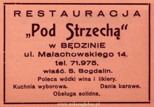 Reklama 1938 Będzin Restauracja Pod Strzechą S. Bogdalin 01.jpg