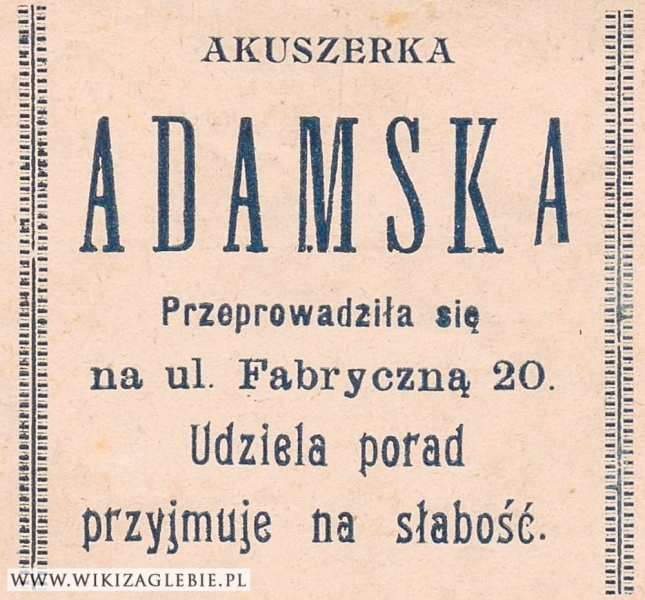 Plik:Reklama 1913 Sosnowiec Akuszerka Adamska.jpg