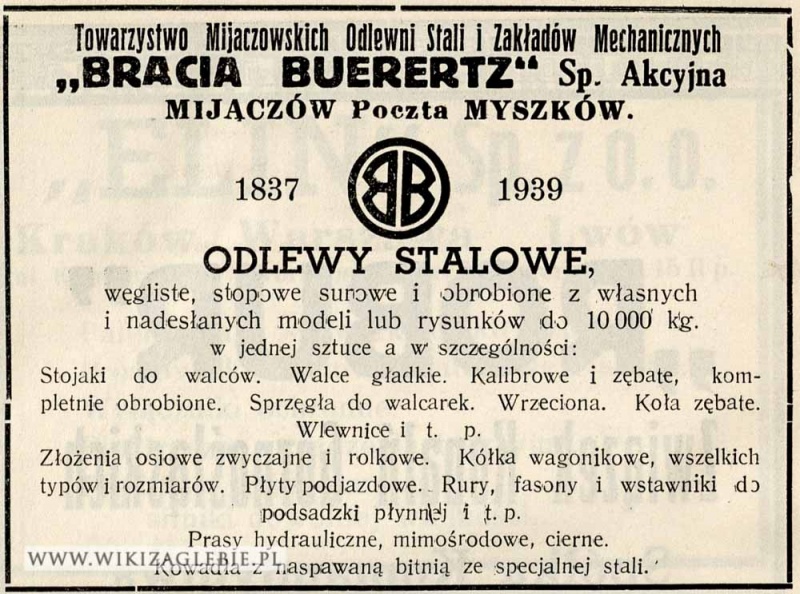 Plik:Reklama 1938 Myszków Bracia Buerertz Odlewy Stalowe.jpg