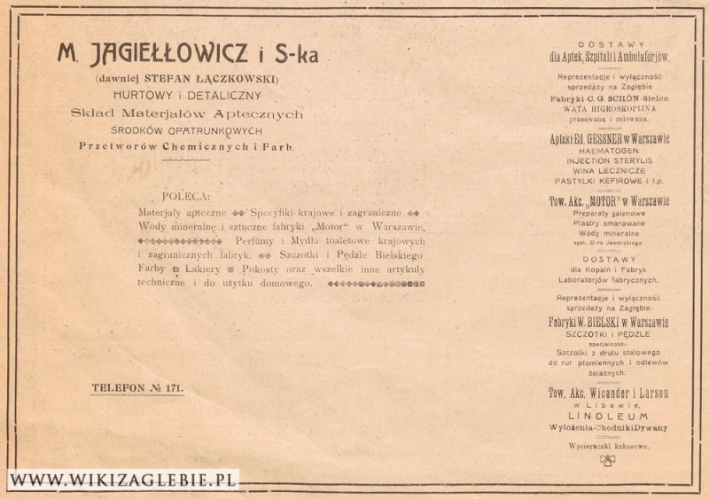 Plik:Reklama 1913 Sosnowiec Skład materiałów aptyecznych Jagiełłowicz.jpg