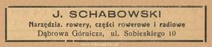 Reklama 1938 Dąbrowa Górnicza Narzędzia Rowery Części J. Schabowski 01.jpg